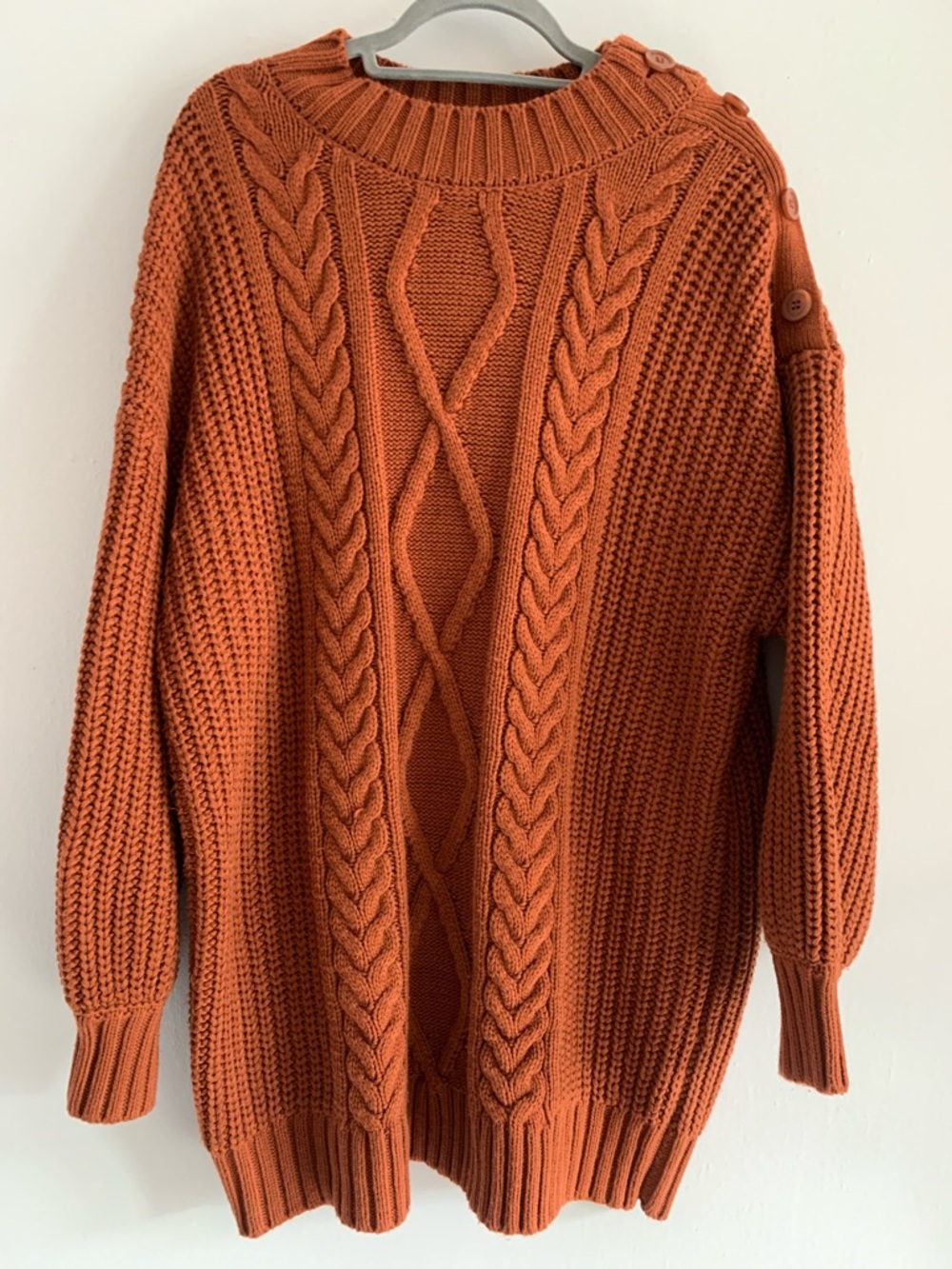 LILLUSORY Button-Shoulder Cable Knit Sweater Dress in Rust